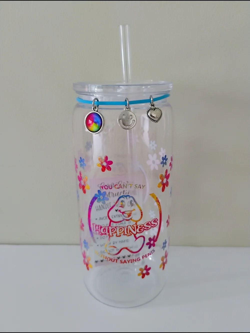*HANDMADE* HAPPINESS P*NIS ACRYLIC TUMBLER WITH CHARMS 16 oz.